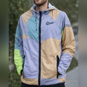 NIKE Color Block Windbreaker Jacket Mens sz M Hood Full Zip Neon Lightweight